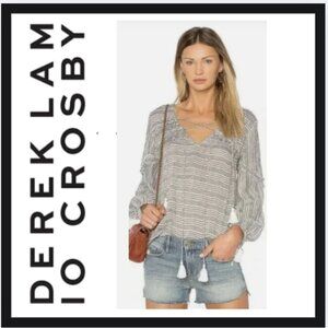 Derek Lam 10 Crosby  Stripe Cotton V-Neck Tassel Tie Blouse Tunic